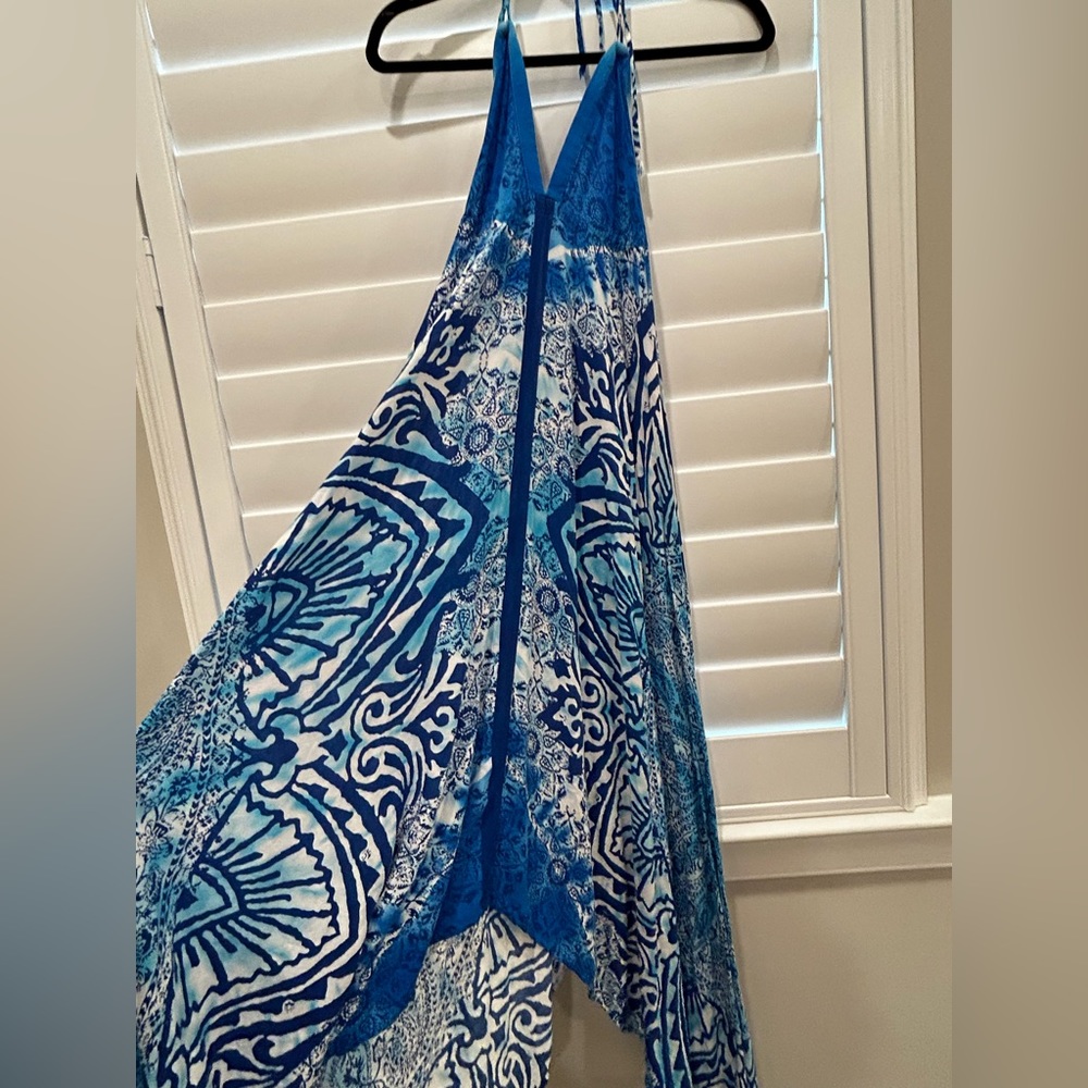 Surf Gypsy Blue Design V Neck Bohemian Open Back Maxi Slit Dress Size: Medium